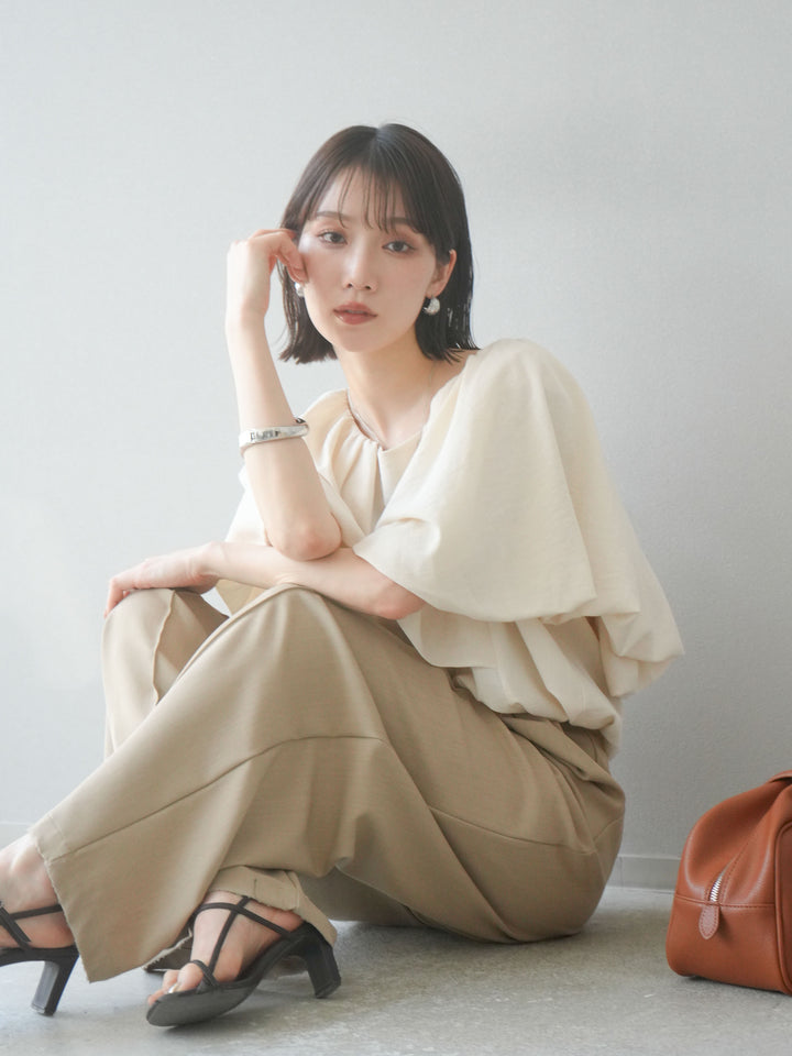 [SET] 燈籠袖褶襉設計上衣 + 拉鍊褶襉寬褲 (2 套)