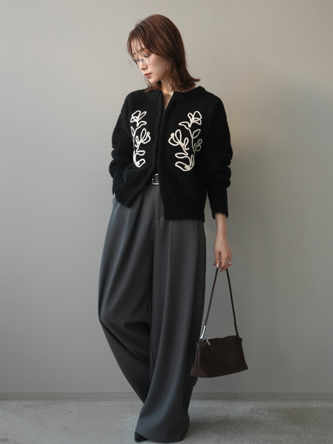 [SET]テープ刺繍ホック開きブークレニットカーディガン+ベルトループデザインワイドパンツ(2set)