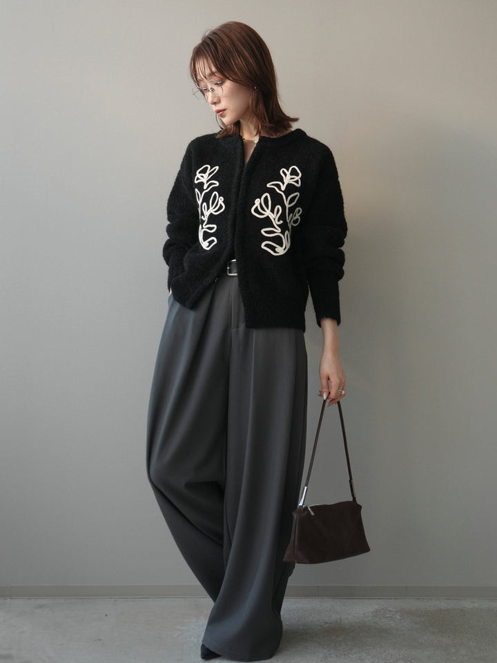 [SET]テープ刺繍ホック開きブークレニットカーディガン+ベルトループデザインワイドパンツ(2set)