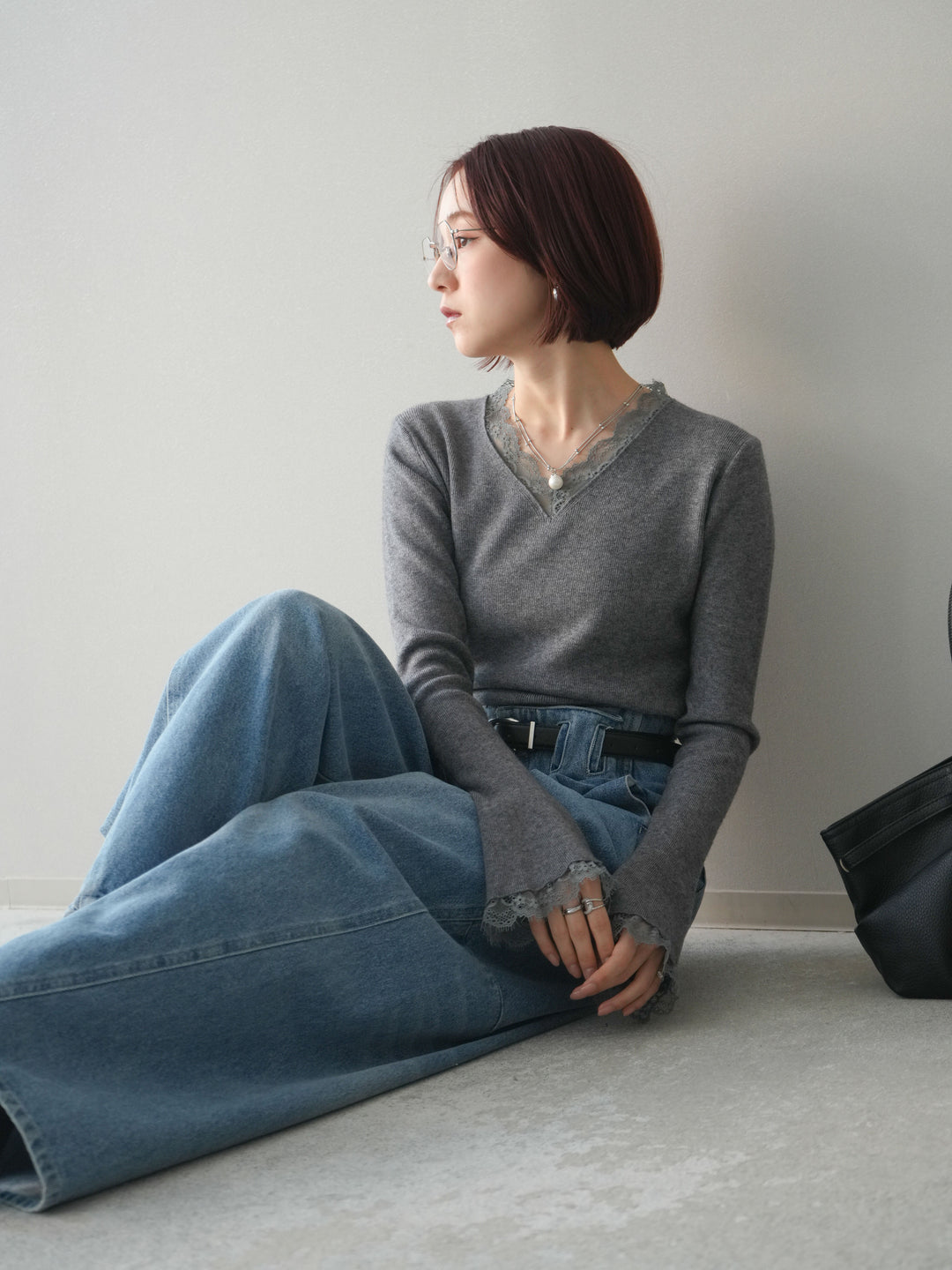 [SET]レースドッキングVネックニットトップス+ハイウエストベルトループデザインデニムパンツ(2set)