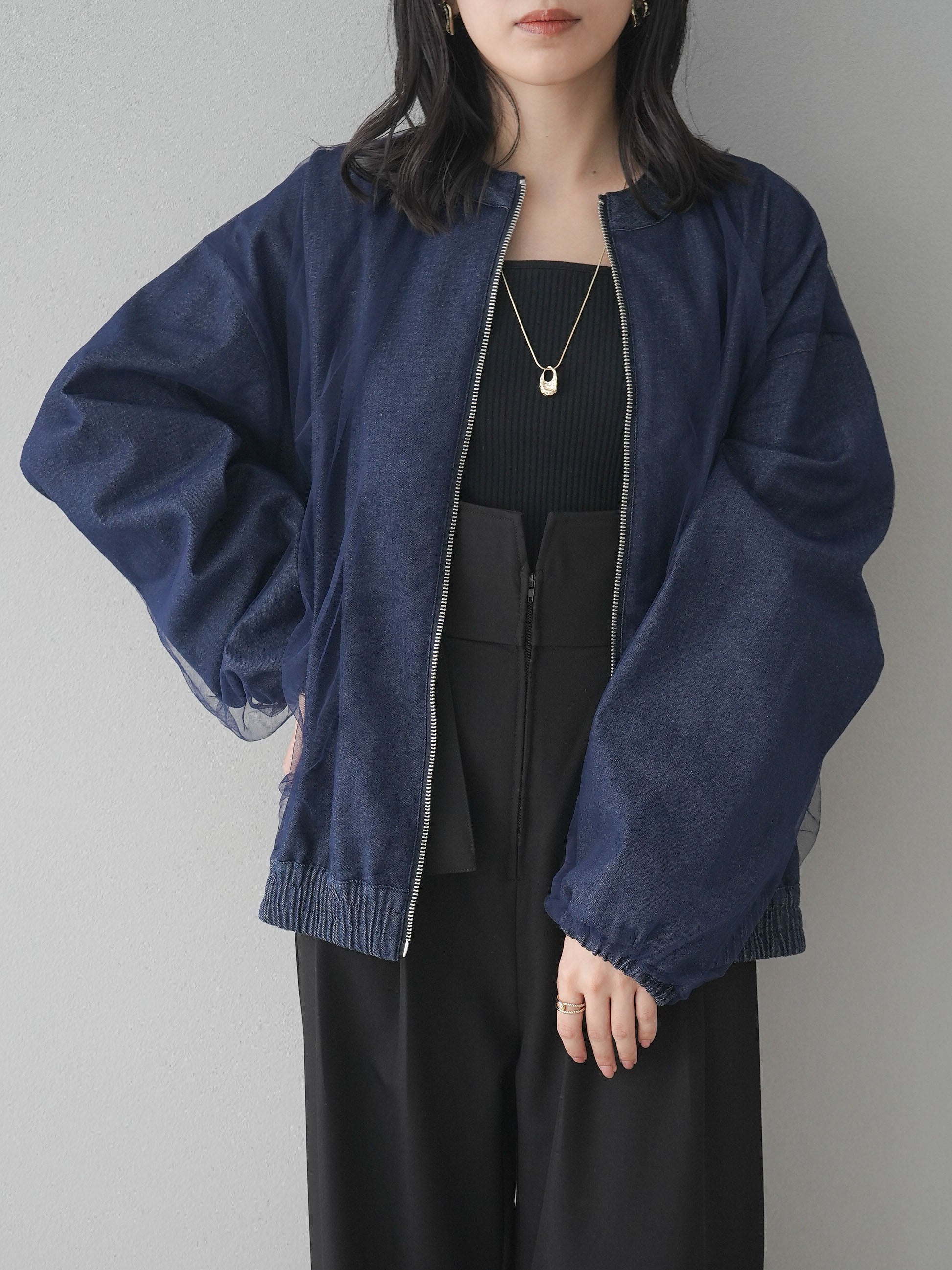予約]デニムチュールジップブルゾン/ブルー – Lumier