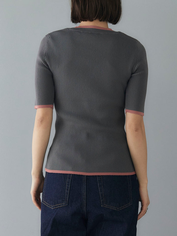 [Pre-order] Half-sleeve polyester color-blocked knit top/gray
