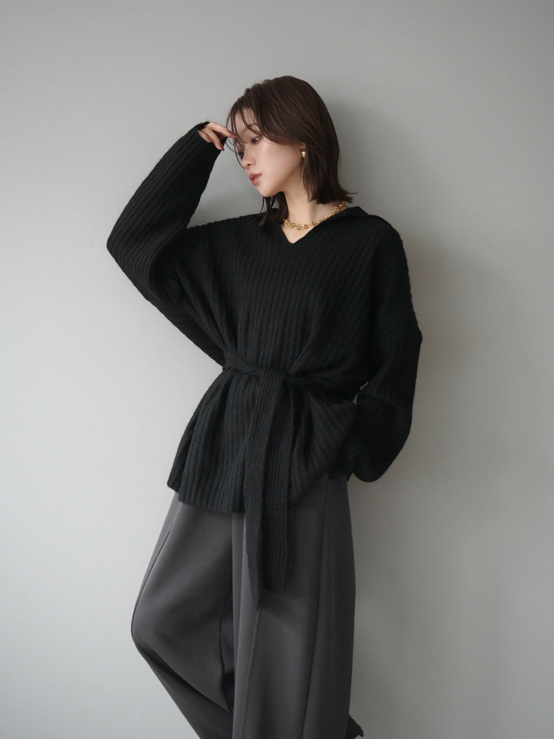 [予約]ワイドリブポロニットプルオーバー/black