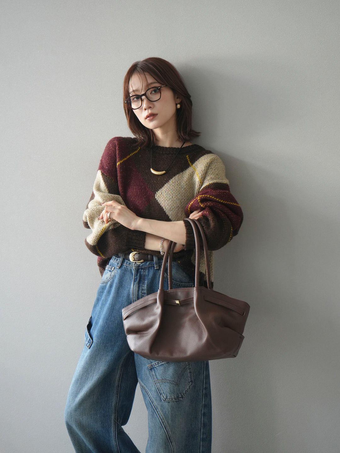 [予約]配色ステッチアーガイル柄ニットプルオーバー/brown