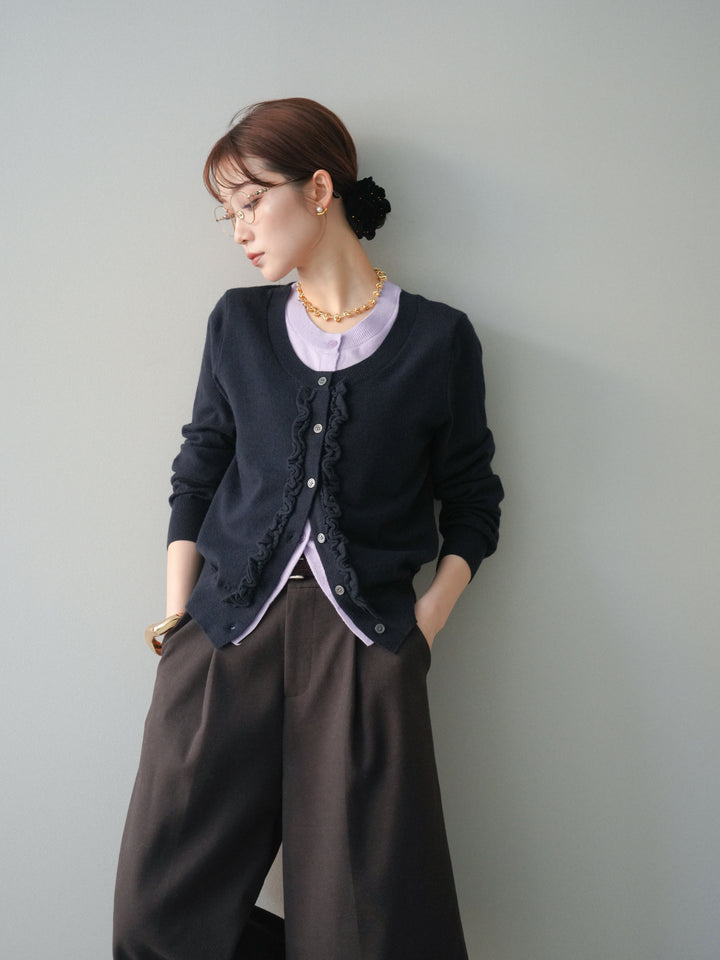 [予約]配色レイヤードフリルデザインニットカーディガン/black