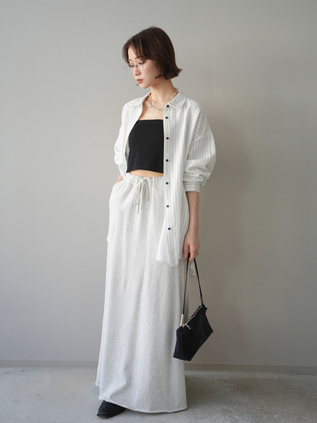 [SET]2WAYカシュクールストライプブラウス+スウェットフレアロングスカート(2set)