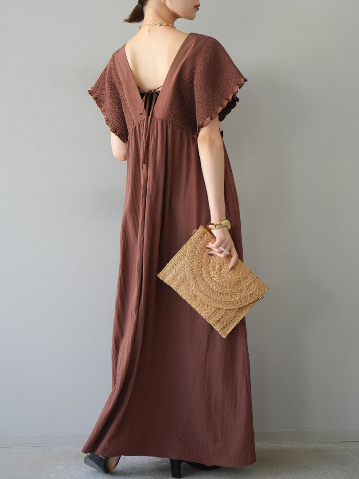 【預購】褶皺V領洋裝/棕色