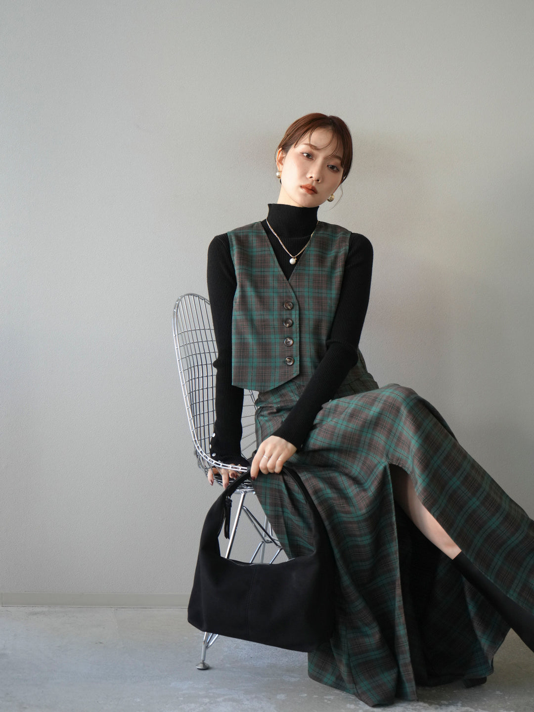 [予約]チェック柄ベスト/グリーン