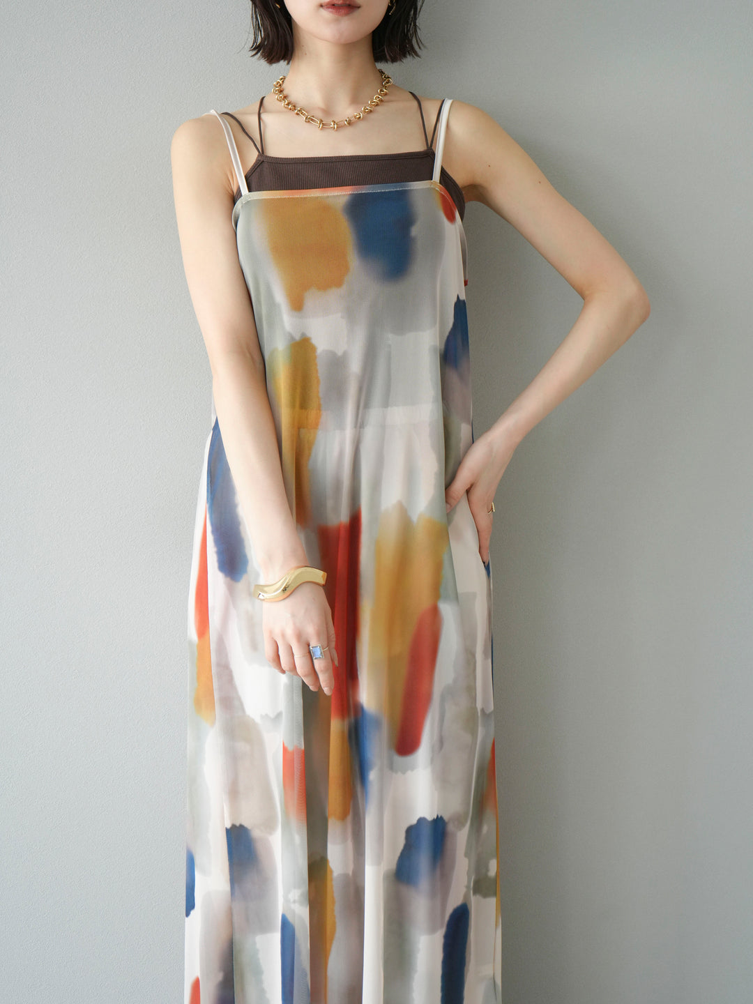 [SET]水彩アートシアーキャミワンピース+カップ付きバッククロスキャミソール(2set)