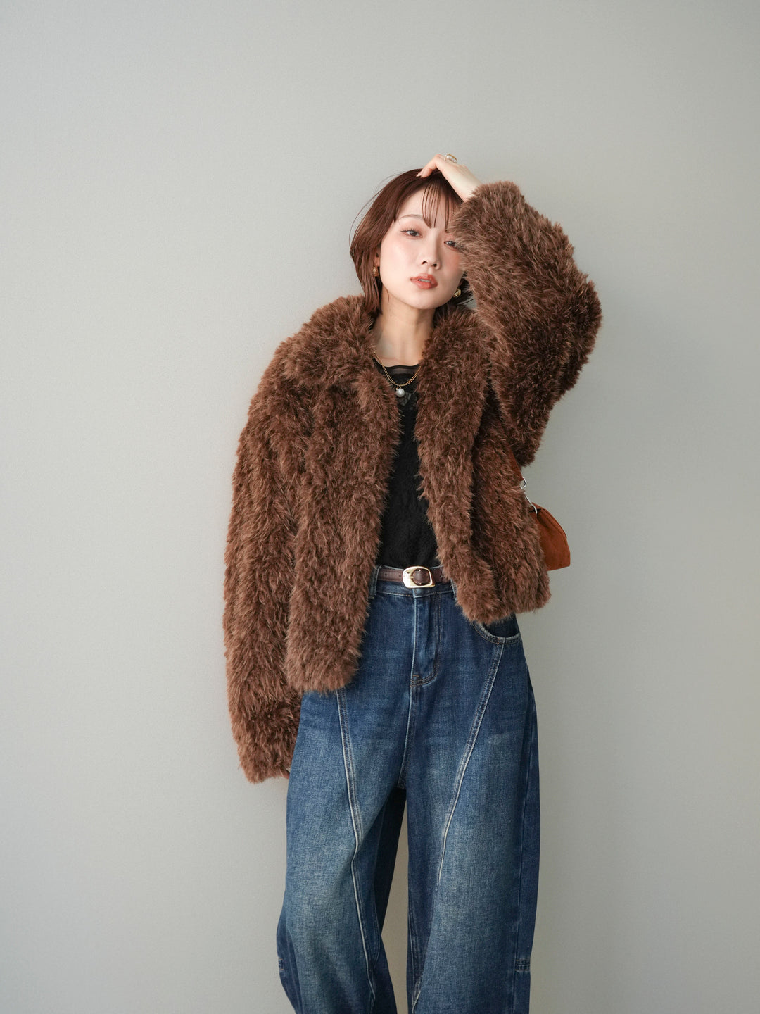 [SET]フェイクファー襟付きショートブルゾン+選べるアクセセット(2set)