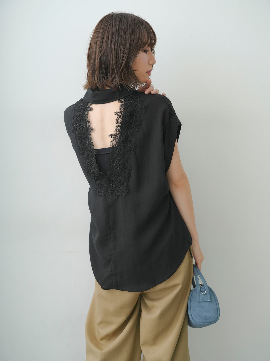 [SET]バックレースフレンチシャツ+クレープデシンタックワイドパンツ(2set)