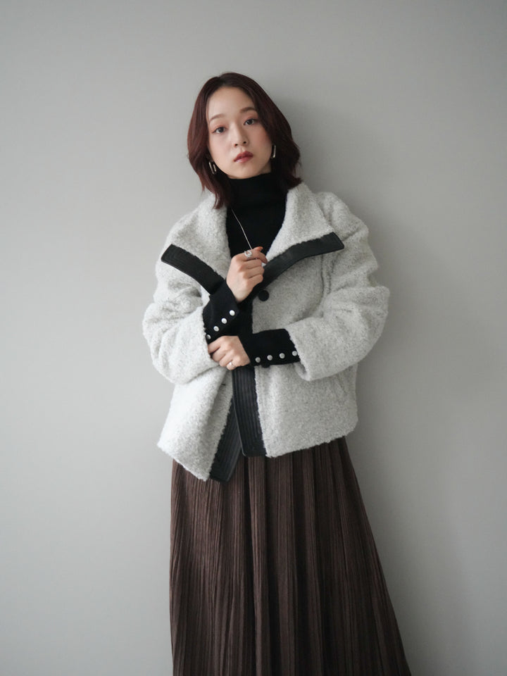 [SET]レザー切替ブークレブルゾン+裾レーススウェードプリーツマキシスカート(2set)