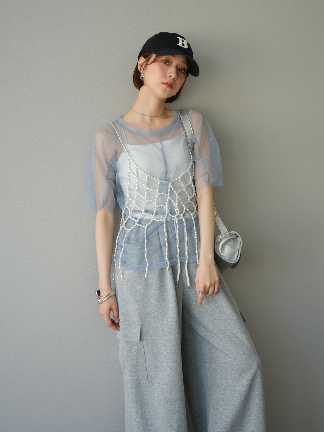 [SET]ラメチュールシャーリングプルオーバー+パールフリンジビスチェ(2set)