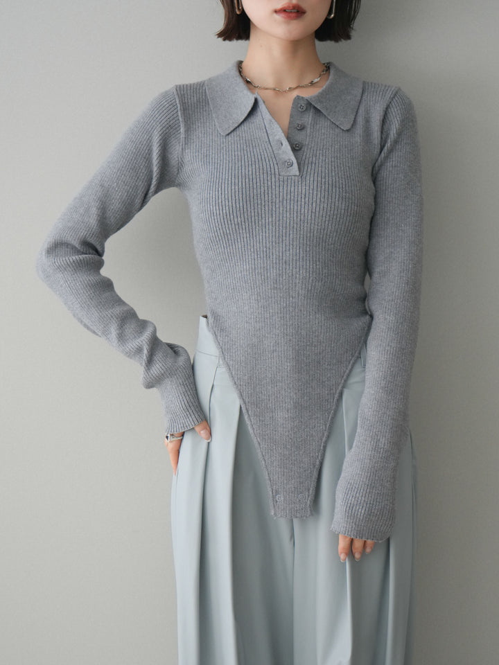 [予約]リブポロニットボディスーツ/mokugray