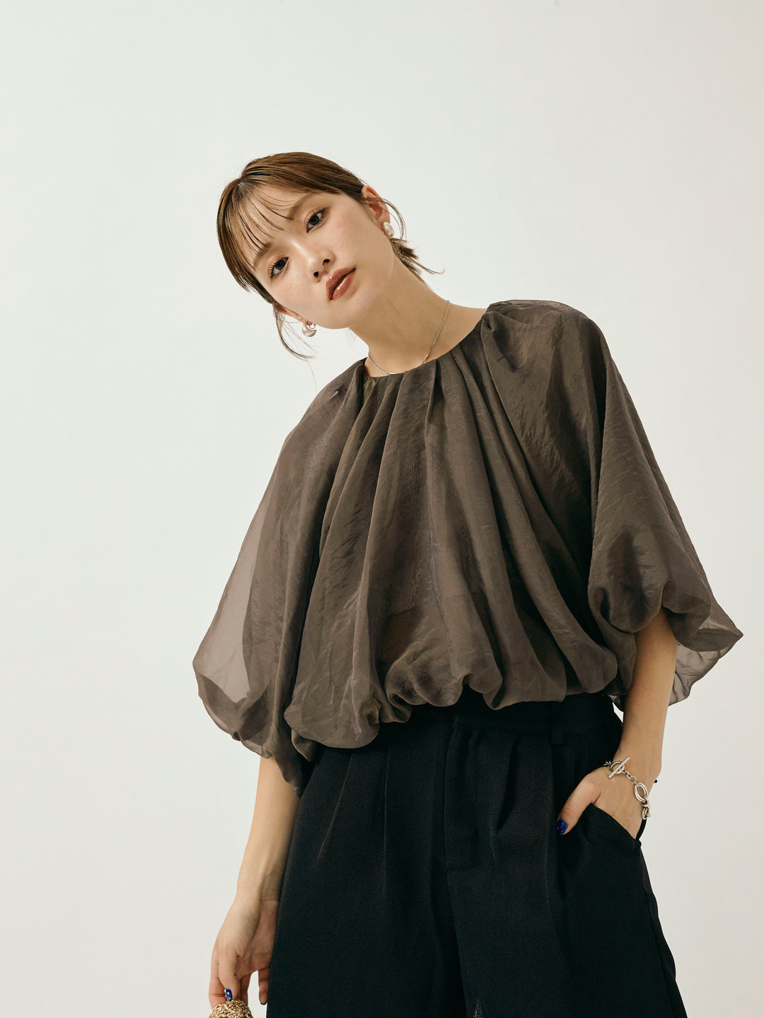 【Allure】[SET]オーガンジーバルーンショートブラウス+オーガンジーバルーンショートブラウス(2set)