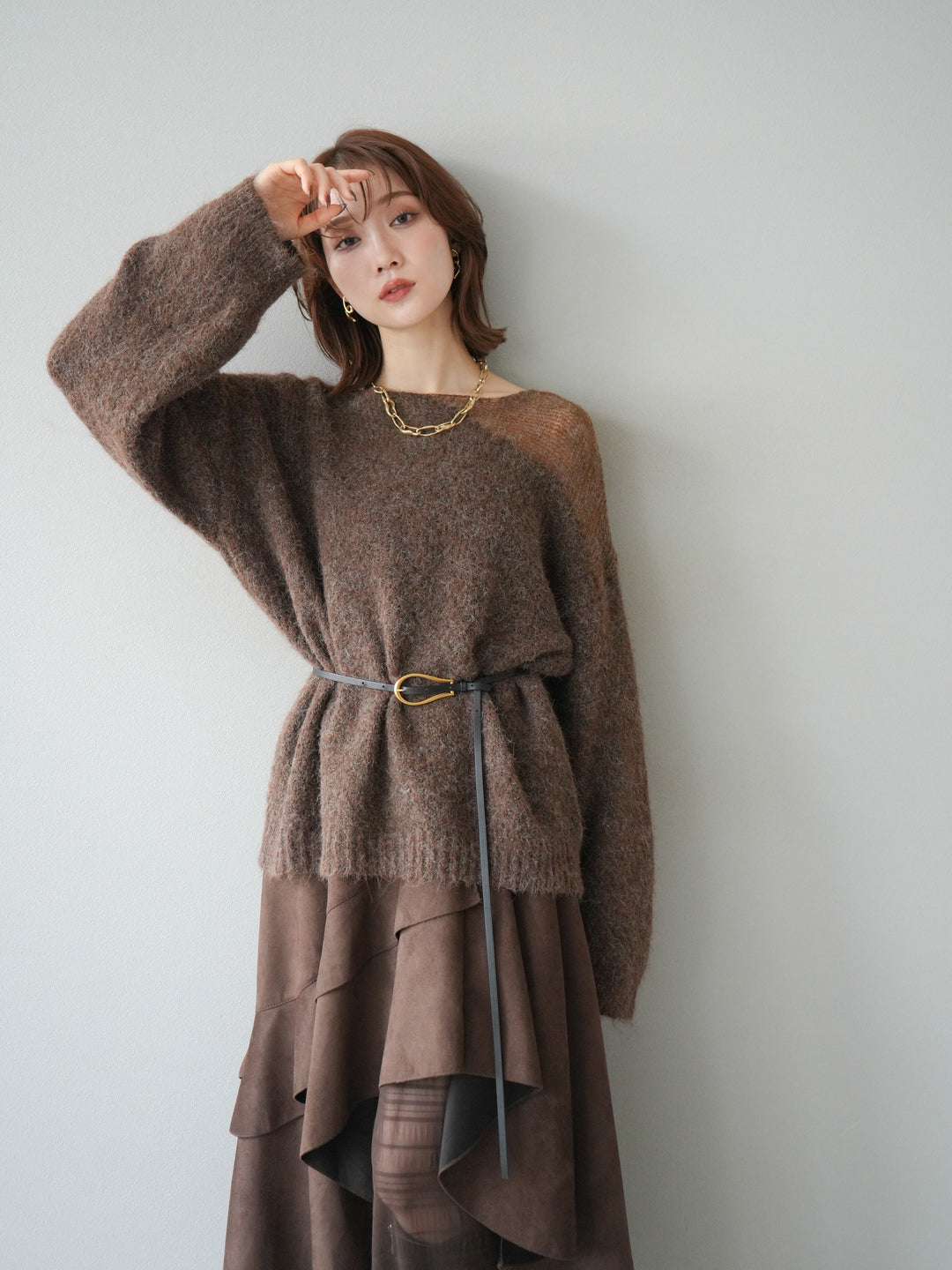 [予約]ネック透かし編みニットプルオーバー/ダークブラウン