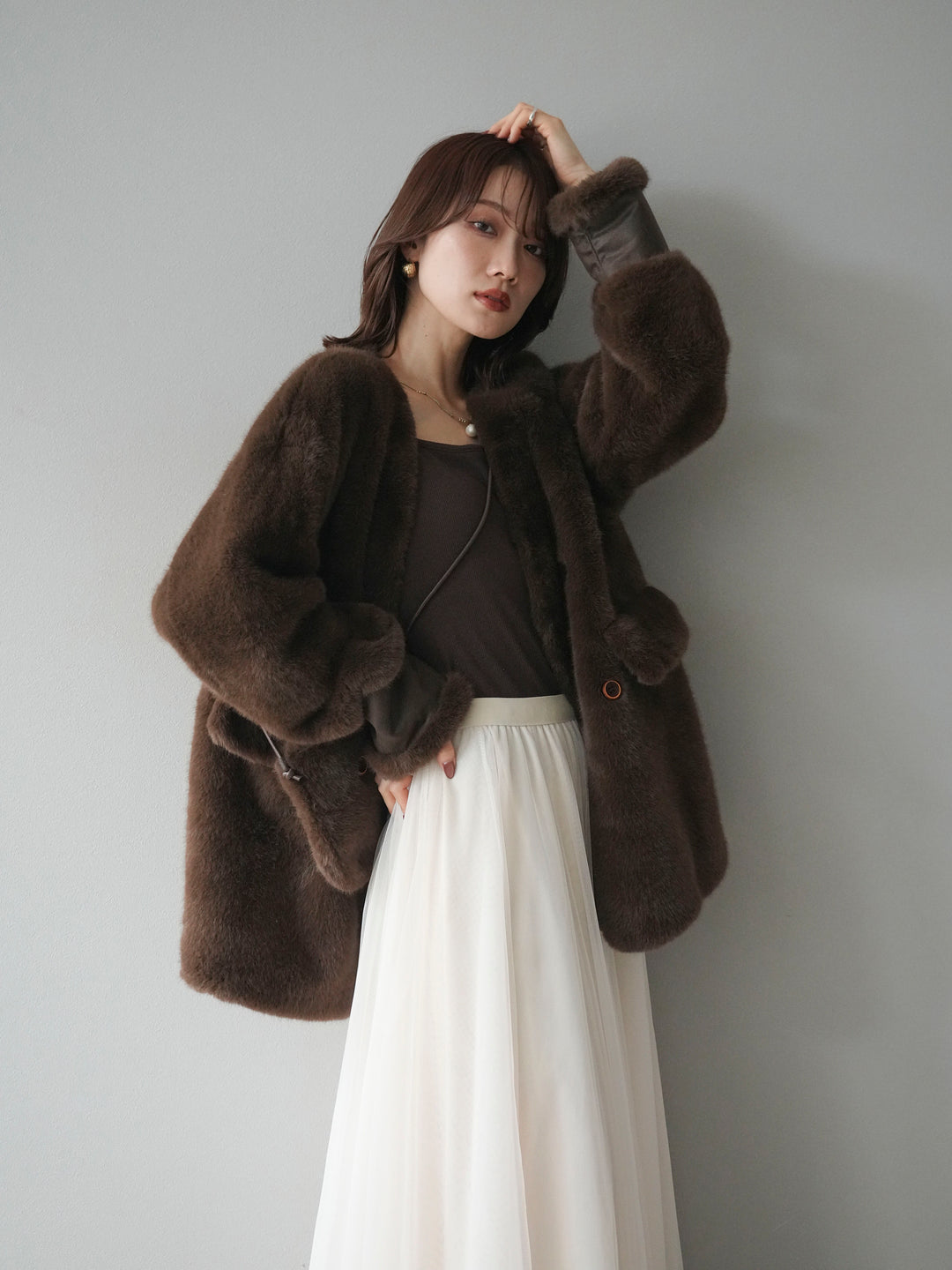 [SET]バッグ付エコファーノーカラーコート+チュールボリュームスカート(2set)