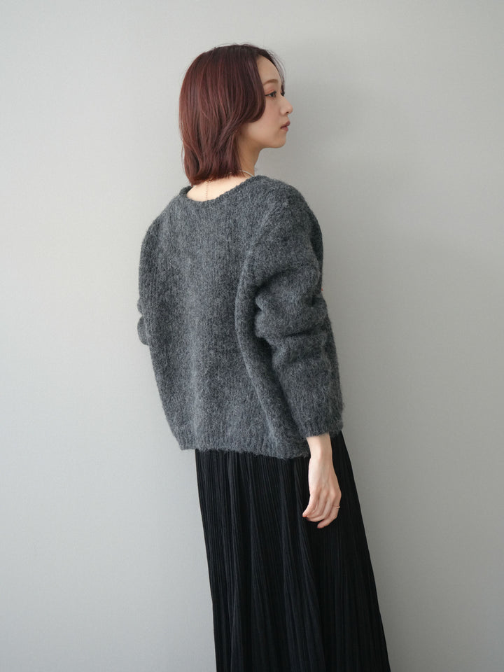 [予約]キーネックシャギーニットカーディガン/gray