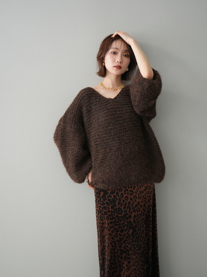 [予約]ワッフル編みシャギーニットプルオーバー/brown