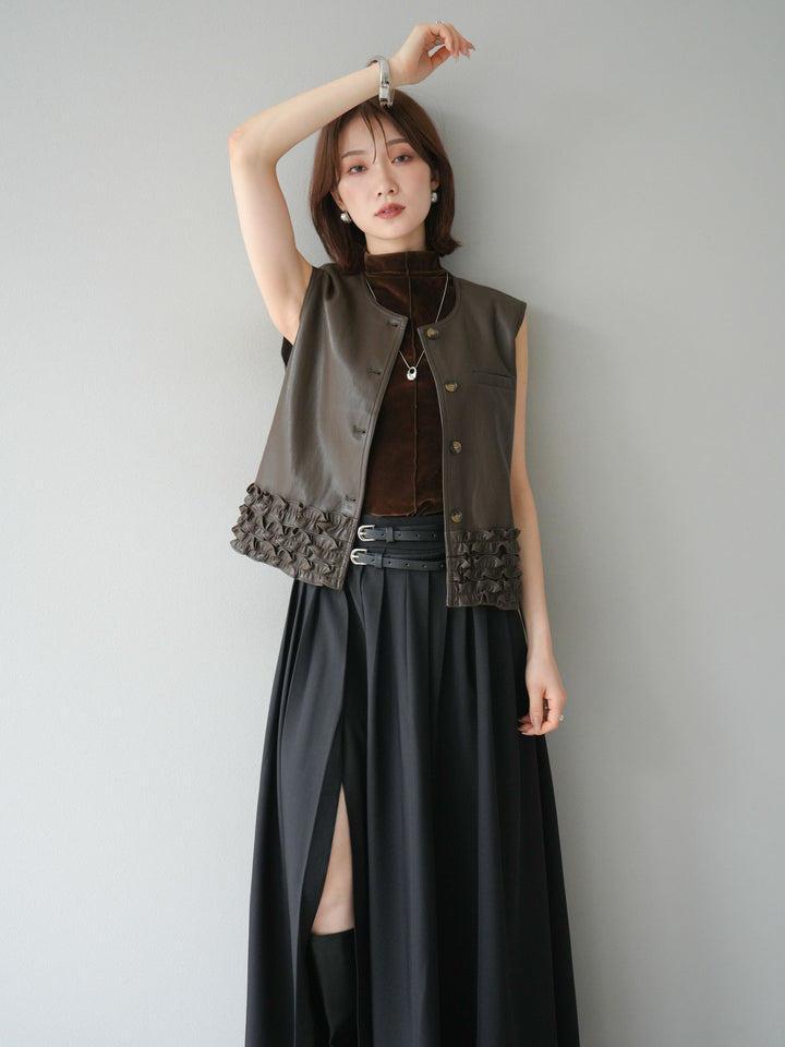 [予約]コンパクトフリルレザーベスト/ブラウン