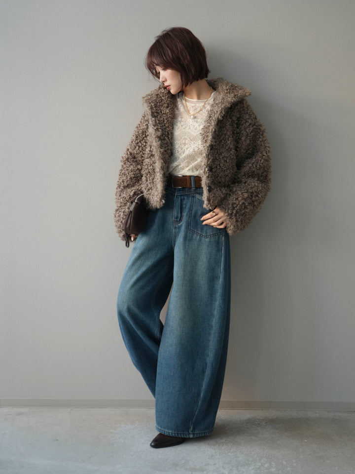 [SET]プードルファーミドルスタンドブルゾン+ベルト付裏起毛カーブデニムパンツ(2set)