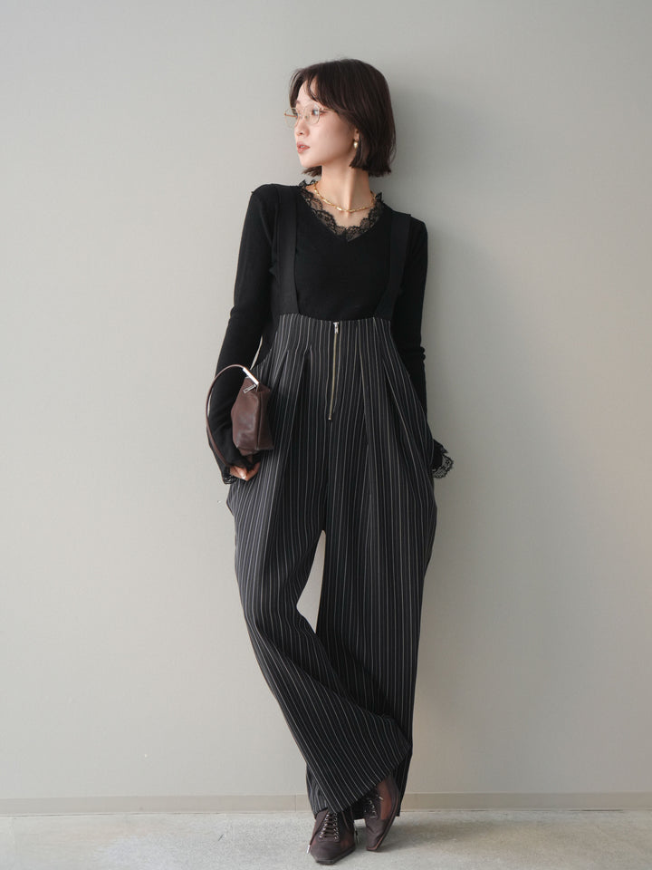 [予約]グログランテープストライプサロペット/black