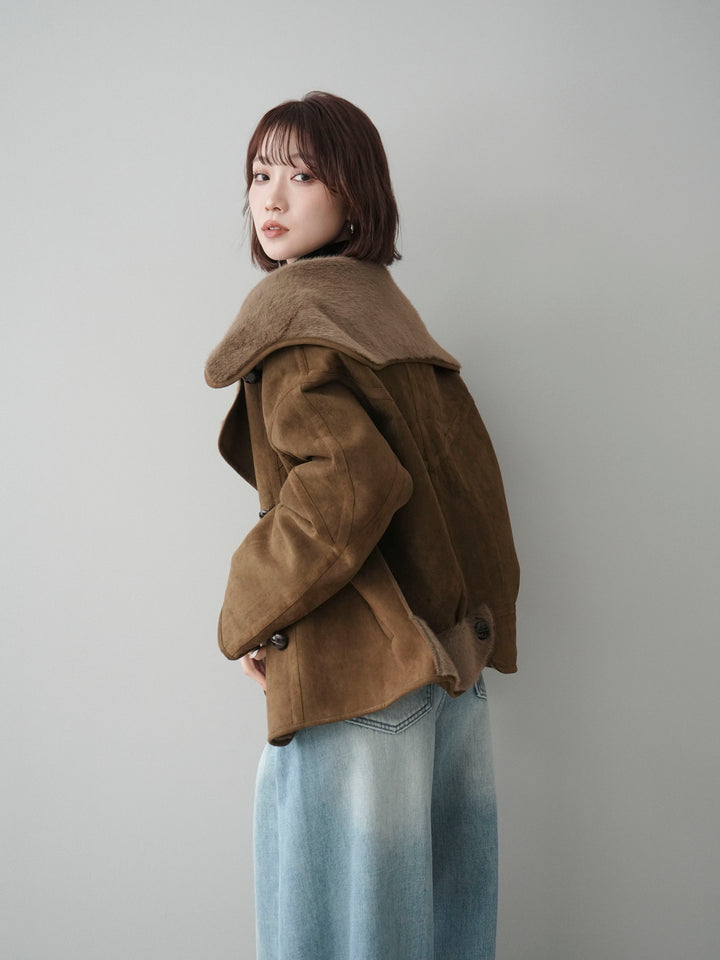 [SET]ムートンショートジャケット+ベルト付裏起毛カーブデニムパンツ(2set)