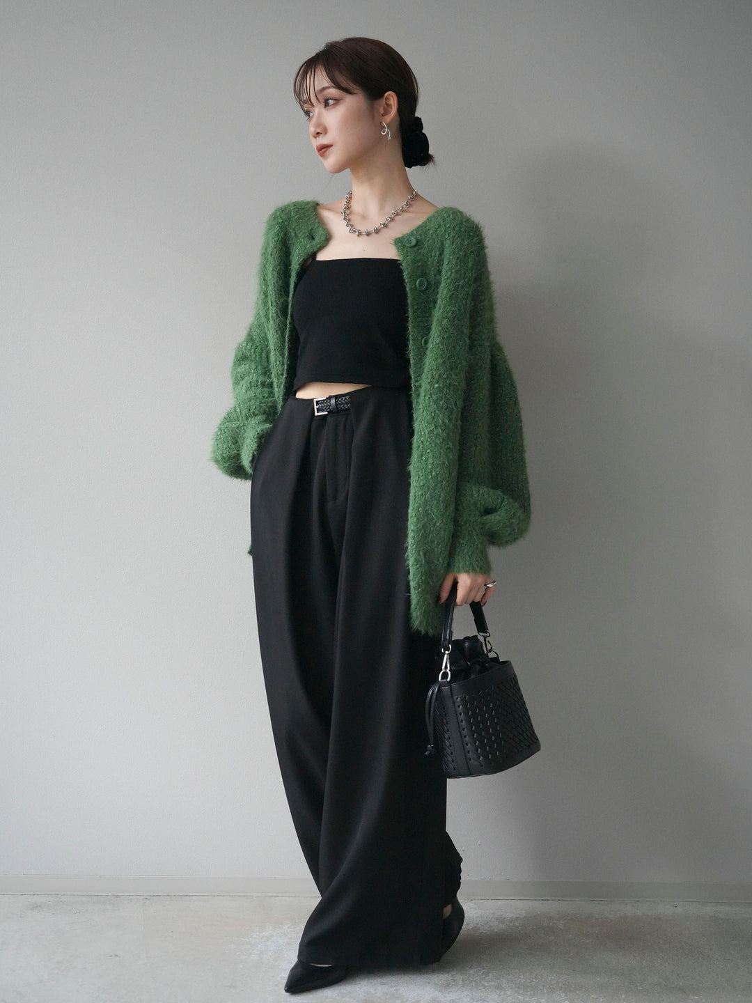 [SET]クルーネックランダムシャギーカーディガン+ベルトループデザインワイドパンツ(2set)