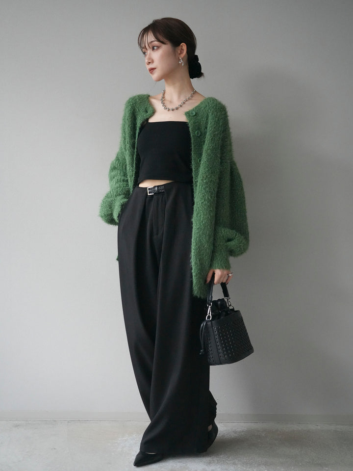 [SET]クルーネックランダムシャギーカーディガン+ベルトループデザインワイドパンツ(2set)