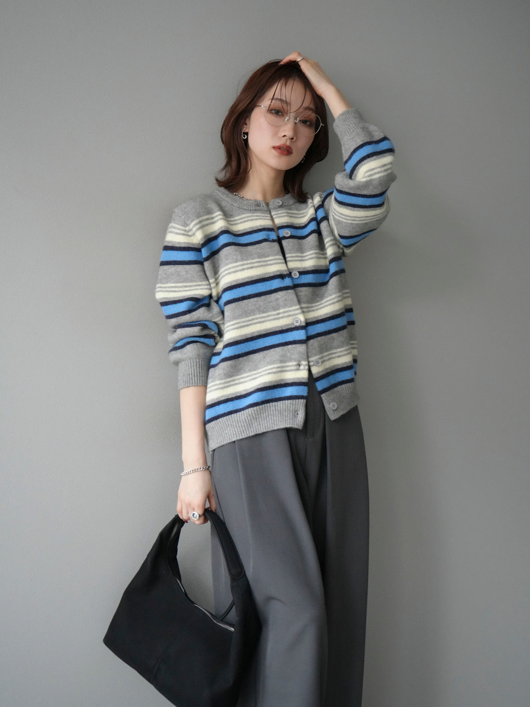 [予約]マルチボーダーニットカーディガン/gray