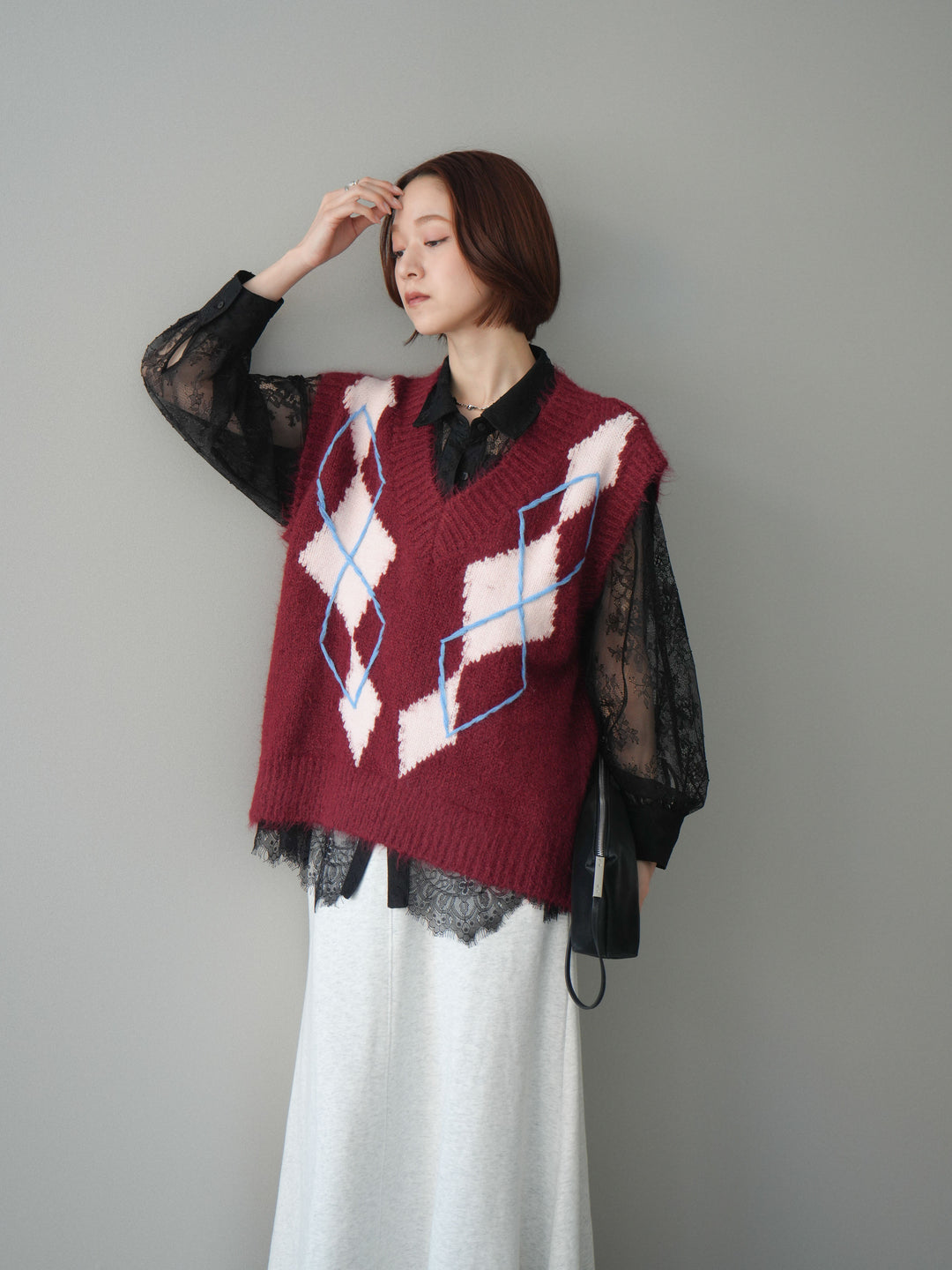 [SET]アーガイルVネックニットベスト+選べるアクセセット(2set)