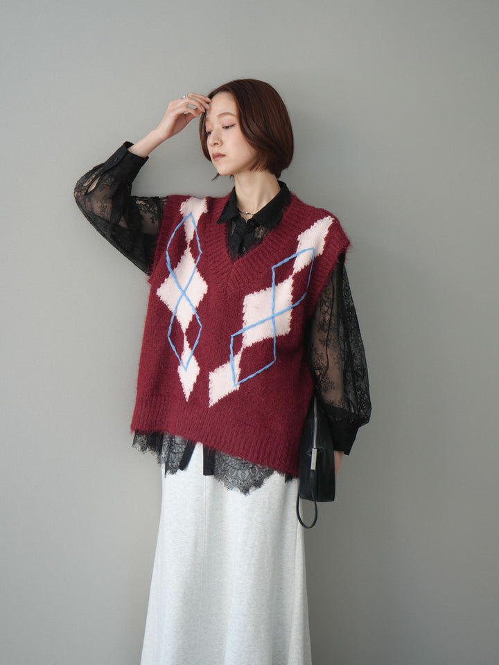 [SET]アーガイルVネックニットベスト+選べるアクセセット(2set)