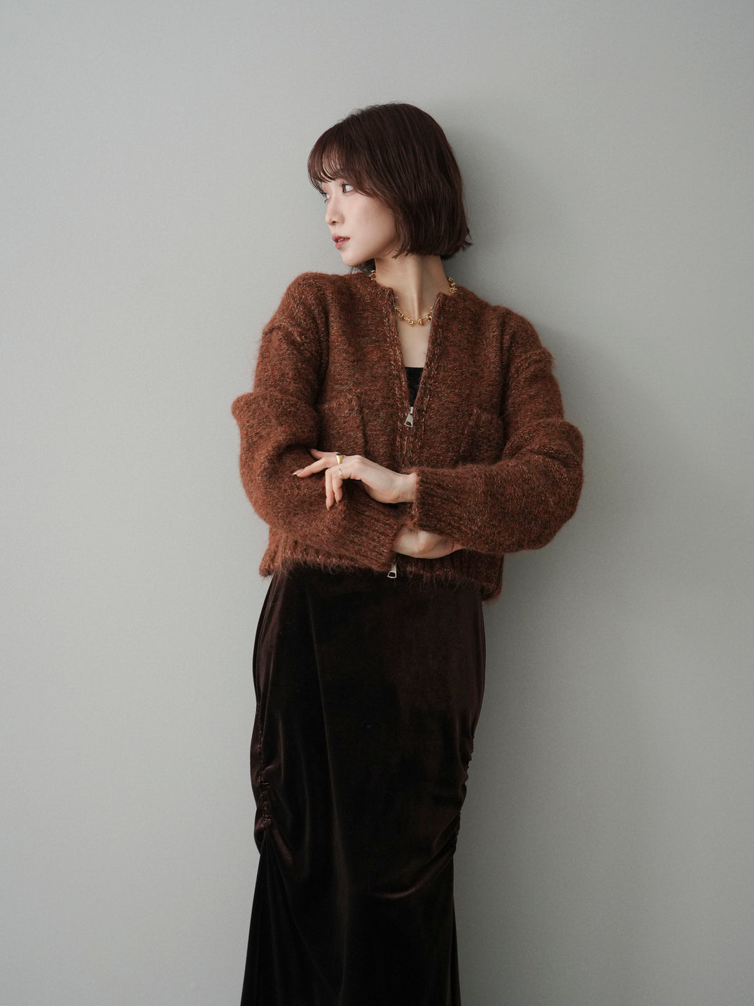 [予約]ミックスヤーンダブルZIPニットカーディガン/brown
