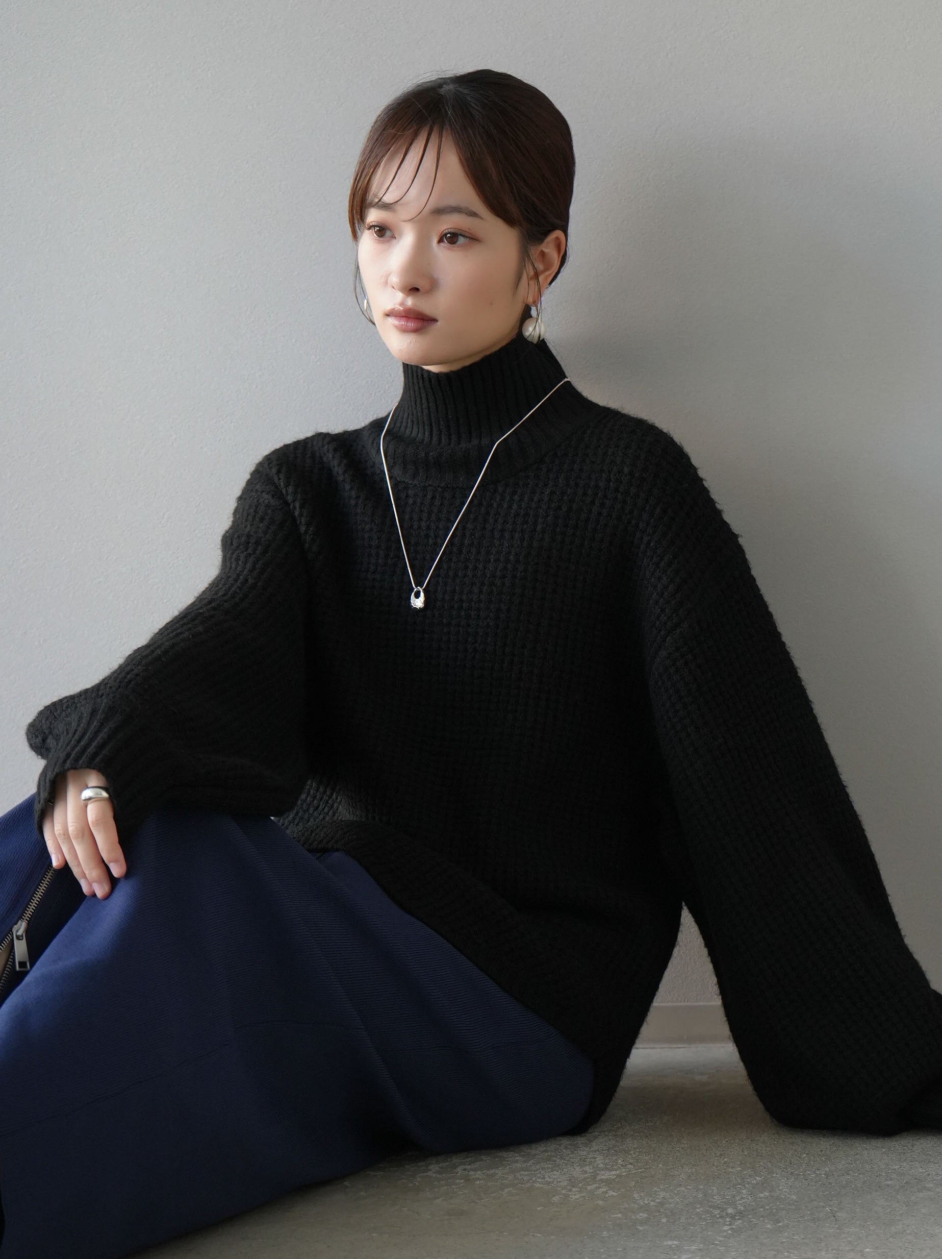 SET]ワッフル編みハイネックニットプルオーバー+フロントジップニット