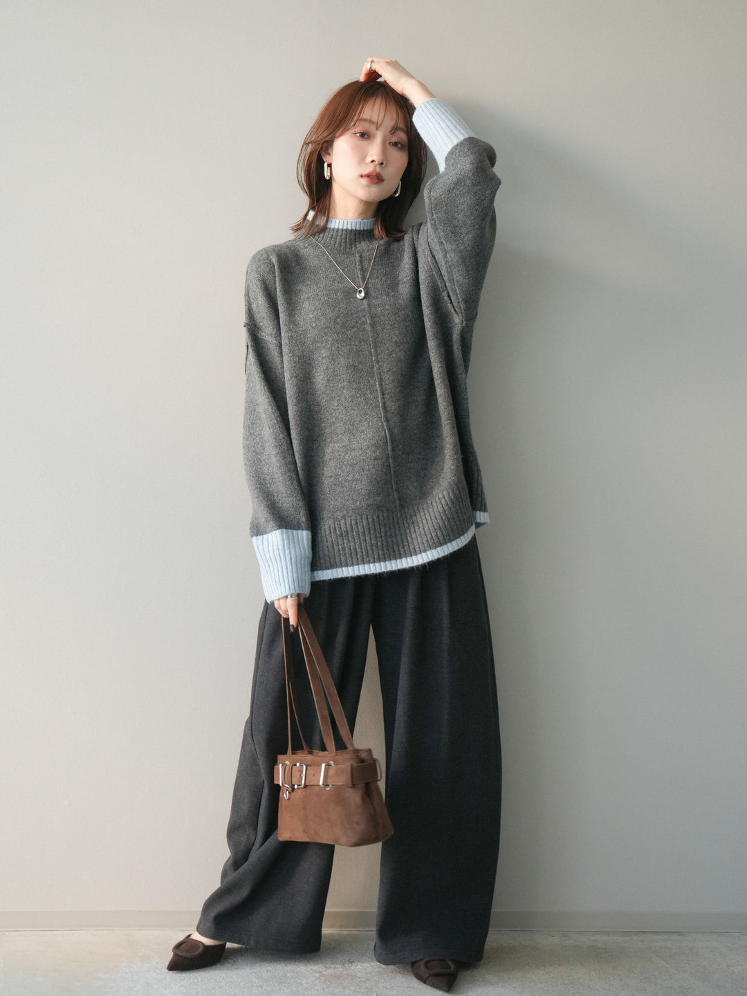 [SET]配色ハイネックニットプルオーバー+アニマル柄ベルト付きウールタッチワイドパンツ(2set)