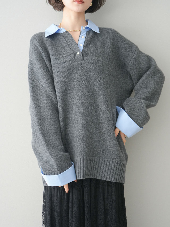 [予約]シャツドッキングオーバーニットプルオーバー/charcoalsax