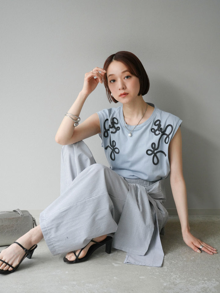 [SET]コード刺繍フレンチスリーブTシャツ+ウエスト巻きストライプイージーパンツ(2set)