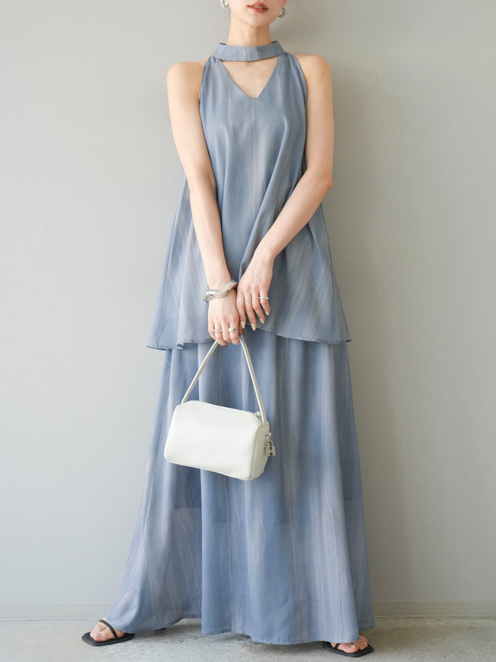 [SET] 細膩花紋V領襯衫＆喇叭裙（2套）