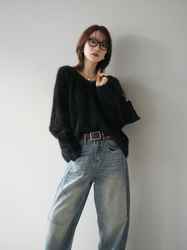 [予約]バックリボンVネックシャギーニットプルオーバー/black