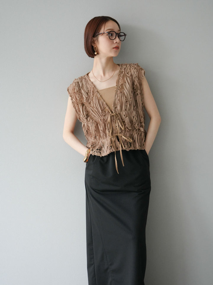 [予約]ジャガードレースリボントップス/ベージュ