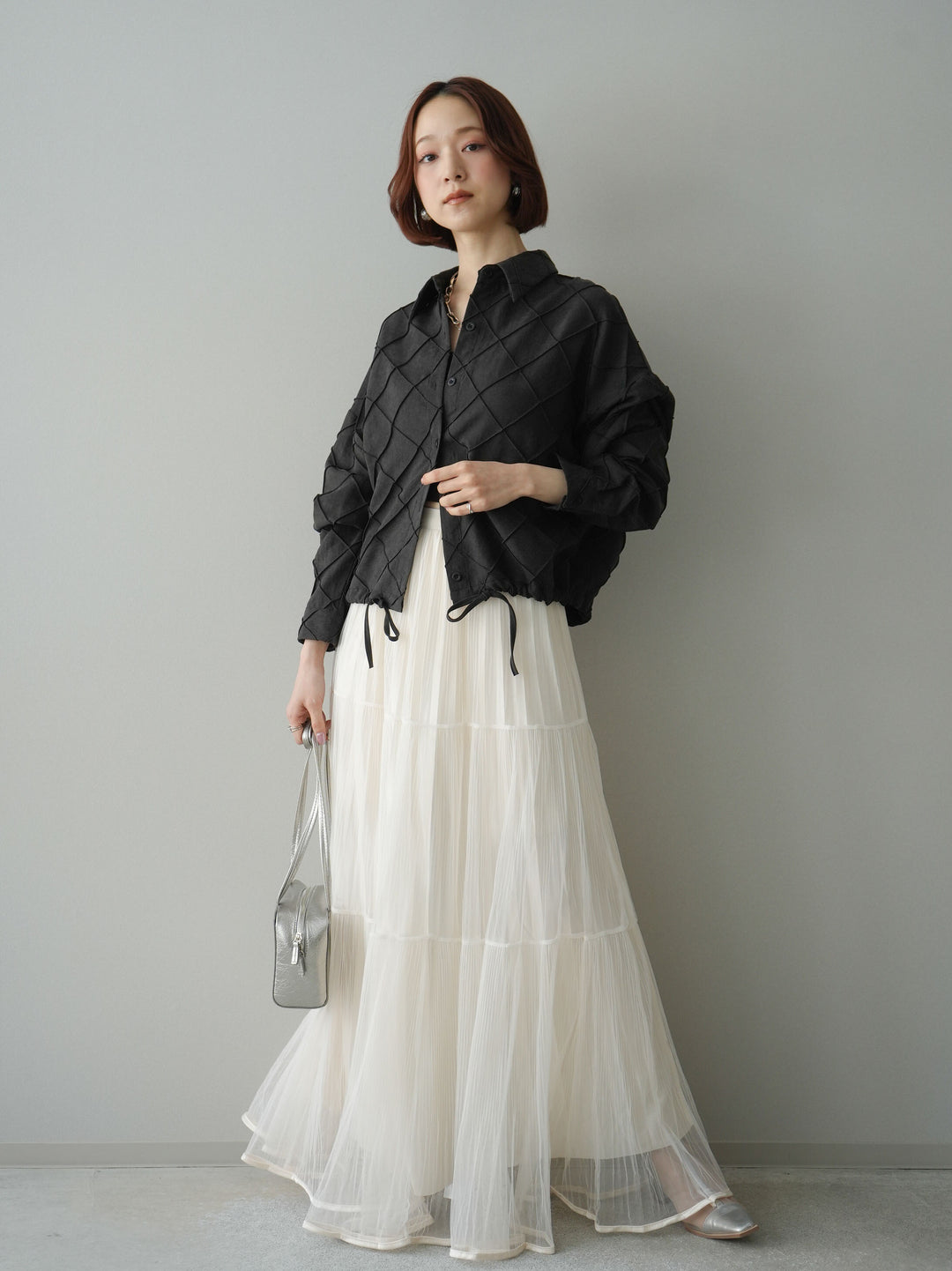 [予約]ラメプリーツレイヤードチュールロングスカート/ivory