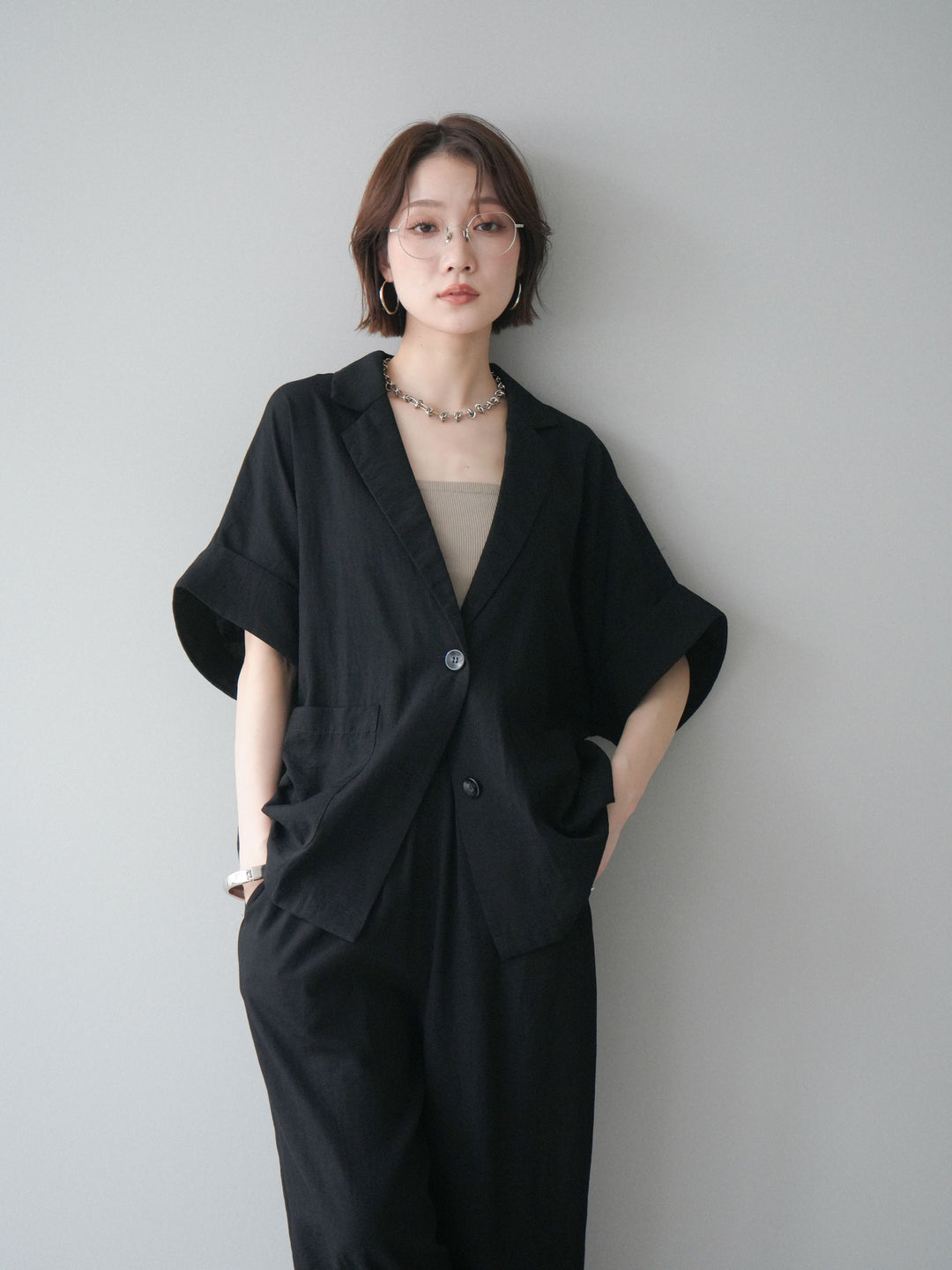 [SET]ハーフスリーブオーバージャケット+リラックスワイドパンツ(2set)