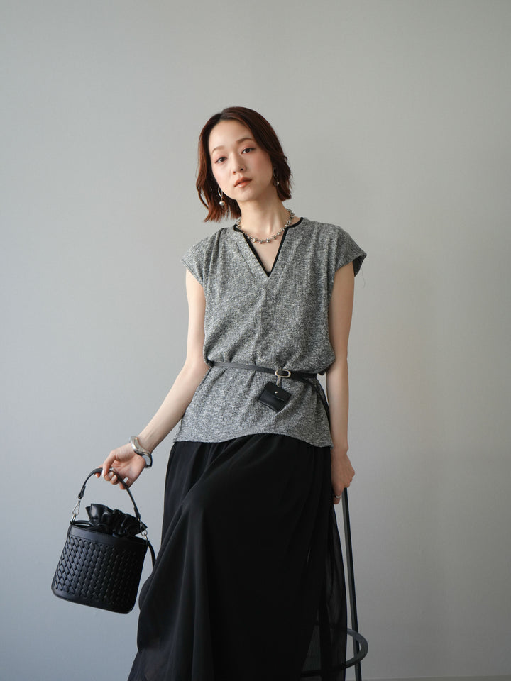[予約]ベルト付シフォンコンビジャージワンピース/black