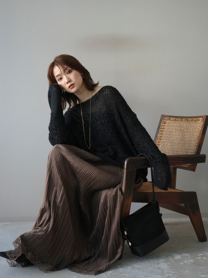 [予約]ミックスヤーンデザイン編みメッシュニットプルオーバー/ブラック