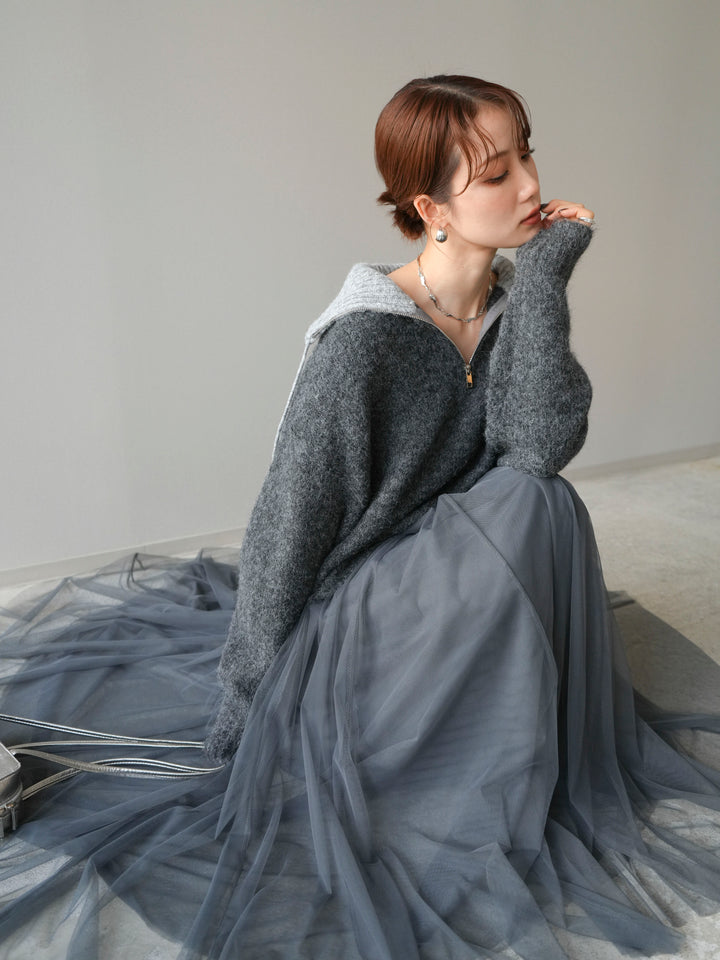 [予約]バイカラージップニットプルオーバー/charcoal