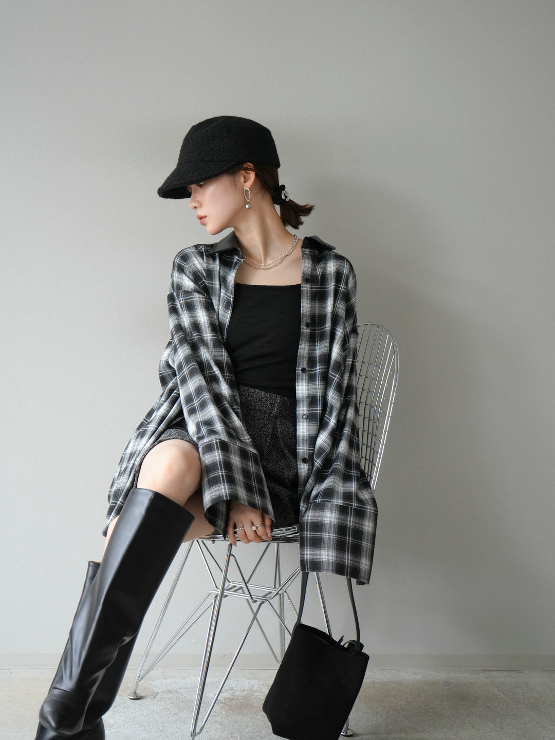 [予約]レザー襟オンブレチェックオーバーシャツ /ブルー