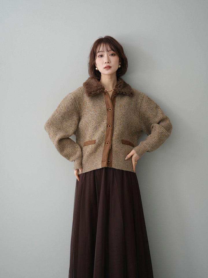 [SET]襟ボアミックスヤーンニットカーディガン+選べるアクセセット(2set)