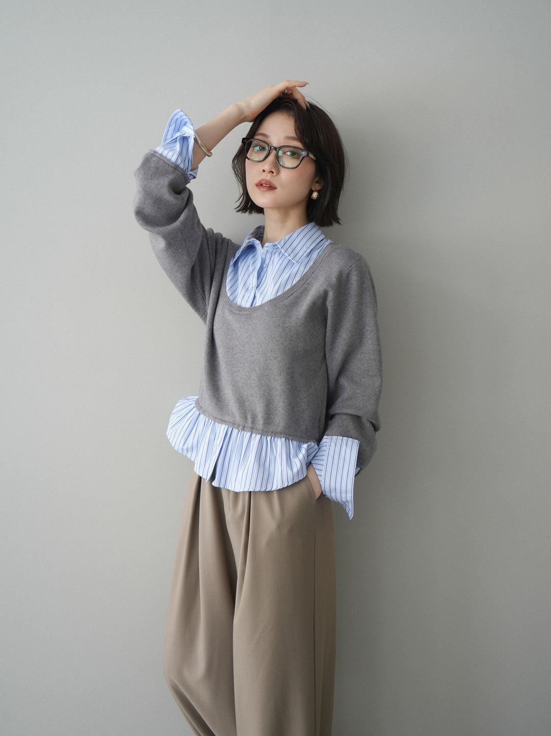 [予約]ストライプシャツUネックドッキングニットプルオーバー/graybluestripeA