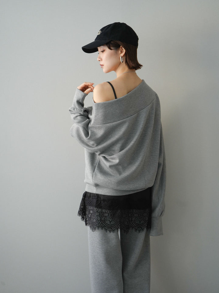 [SET]アシンメトリーオフショルポンチプルオーバー+レーストリムキャミソール(2set)