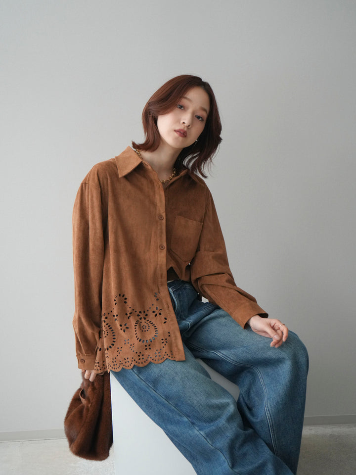 [SET]裾スカラップスエードシャツ+ベルト付裏起毛カーブデニムパンツ(2set)